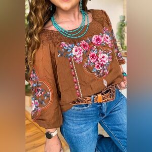 Savanna Jane Brown Off-Shoulder Floral Embroidered Tunic